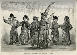 Tragödienschauspieler eines Pekinger Theaters, spezialisiert auf historische und mythologische Dramen. Gravur nach der Zeichnung von E. Ronjat, zur Illustration der Reise nach Peking und Nordchina, von T. Choutze, 1873, veröffentlicht in „Le tour du monde“