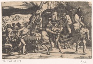 Raub einer Frau durch Mann und Satyr