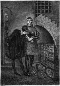 König Ludwig XI. von Frankreich (1423-1483) besucht den Gefangenen Jean de La Balue (Kardinal Balue) (1421-1491), eingesperrt in einem Eisenkäfig. Gravur von Bocourt nach dem Gemälde von Gérôme von Etienne Gabriel Bocourt