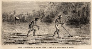 Pflügen und Säen unter den Wilden Stiengs, Bewohnern der Wälder von Kambodscha, Zeichnung von E. Bocour, zur Illustration von Henri Mouhots Reise durch die Königreiche Siam, Kambodscha und Laos von 1858 bis 1861. Gravur in "Le tour du monde"