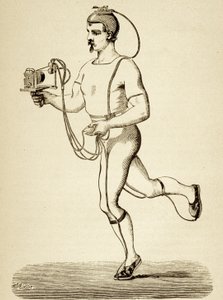 Läufer mit dem Apparat ausgestattet, der seine verschiedenen Schritte registrieren soll, aus Popular Science Monthly, veröffentlicht 1875