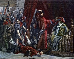 Hundertjähriger Krieg: „Der Delfin Karl (später Karl V.) (1338-1380) (der erste Delfin von Frankreich) und Étienne Marcel (1302/1310-1358), der zwei Minister (Marschälle) Robert de Clermont und Jean de Conflans im Zimmer des französischen Delfins ermordete von Etienne Lucien Melingue