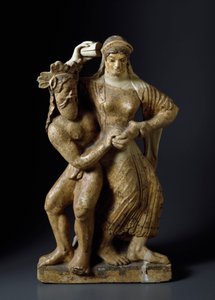 Etruskische Antike: Satyr und tanzende Mänade. Terrakottaskulptur aus einem Tempel der Mater Matuta in Satricum. 480 v. Chr. Rom, Museo Nazionale di Villa Giulia