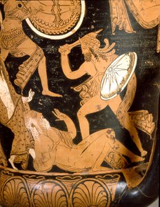 Etruskische Antiquität: Glockenkrater, der die Zerstörung Trojas darstellt: Detail, das Priamos zeigt, der von Neoptolem getötet wird. Aus Falerii Veteres (Civita Castellana). 350-300 v. Chr. Rom, Museo Nazionale di Villa Giulia