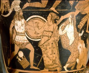 Etruskische Antike: Glockenkrater, der die Zerstörung Trojas darstellt: Detail zeigt Menelaos gegenüber Aphrodite, Helena ist rechts dargestellt. Aus Falerii Veteres (Civita Castellana). 350-300 v. Chr. Rom, Museo Nazionale di Villa Giulia