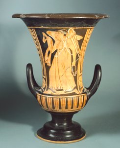 Calyx-Krater (große Vase) des Berkeley-Malers, der einen geflügelten Geist darstellt. Rotfigurige Keramik. Etruskische Zivilisation, 4. Jahrhundert v. Chr.