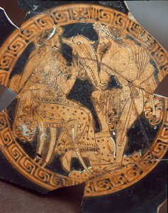 Etruskische Antike: Detail einer Kylix, die Poseidon und Amphitrite darstellt. Aus Falerii Veteres (Civita Castellana) 6. Jahrhundert v. Chr. Rom, Museo Nazionale di Villa Giulia von Etruscan