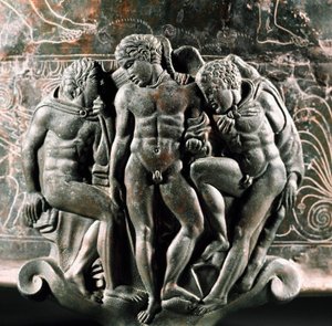 Detail des Fußes des bronzenen Ficoroni Cistus, der Herkules, Iolaos und Eros darstellt. Aus Preneste (Palestrina). 340 v. Chr. Museo Nazionale di Villa Giulia, Rom