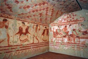 Etruskische Kunst: Fresken, die Bankettszenen darstellen. Grab des Tricliniums. 5. Jahrhundert v. Chr. Nationales Archäologisches Museum von Tarquinia, Italien