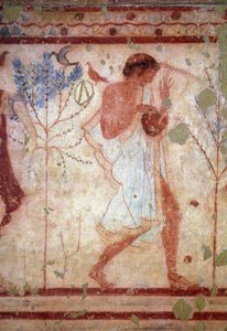 Etruskische Kunst: Fresken, die Bankettszenen darstellen, Detail eines Leierspielers. Grab des Trikliniums. 5. Jahrhundert v. Chr. Nationales Archäologisches Museum von Tarquinia, Italien