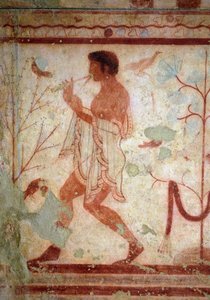 Etruskische Kunst: Fresken, die Bankettszenen darstellen, Detail eines Flötenspielers. Grab des Trikliniums. 5. Jahrhundert v. Chr. Nationales Archäologisches Museum von Tarquinia, Italien