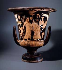 Etruskische Zivilisation: Terrakotta-Kraterdekor des Malers von Nazzano, der Apollo und eine Mänade darstellt, 350 v. Chr. Dim 57 cm, Vom Fundort Civita Castellana von Etruscan