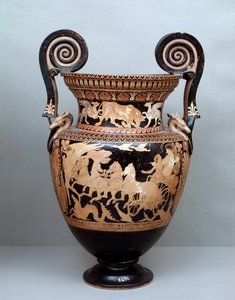 Etruskische Zivilisation: Terrakotta-Krater mit Voluten, der Aurora auf ihrem Wagen darstellt, 360-340 v. Chr., aus Cerveteri, Italien