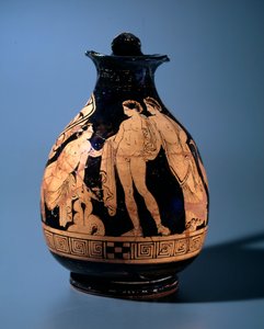 Etruskische Zivilisation: Terrakotta-Oinochoe dekoriert von der Werkstatt des Malers von Alcesti, die einen jungen Mann zeigt, der mit zwei anderen stehenden Personen spricht, 360-340 v. Chr. aus Tarquinia, Italien von Etruscan