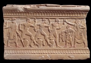 Relief mit einem Athletenrennen von einem Marmormehrstein von Chiusi, Italien, 6. Jahrhundert v. Chr. von Etruscan