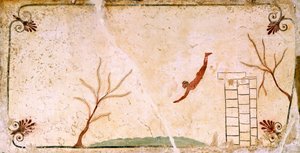 Taucher, ca. 480-490 v. Chr., dekoratives Fresko von der Deckplatte des Grabes des Tauchers in Paestum, Kampanien, Italien, 5. Jahrhundert v. Chr.