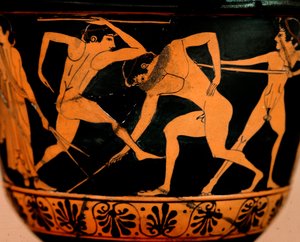 Etruskische Kunst: Pyxis dekoriert mit einer Palestra-Szene, Athleten üben Speerwerfen aus Cerveteri. Rom, Museo di Villa Giulia von Etruscan Etruscan