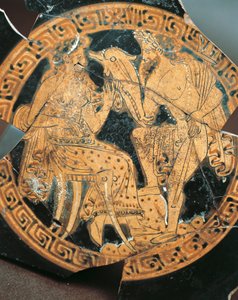 Rotfigurige Keramik, Innendekoration eines Kraters, der Poseidon und Amphitrite darstellt, etruskische Zivilisation von Etruscan Etruscan