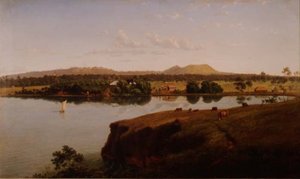 Blick auf die Purrumbete Station nach Nordwesten. Mt. Leura und Mt. Sugarloaf in der Ferne, Australien von Eugen von Guerard
