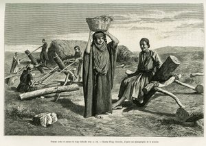 Arabische Frau und Sägen von langen zehn Foulis. Gravur von Eugene Girardet, zur Illustration der Geschichte „A Suse“. von Eugene Alexis Girardet