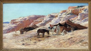 Das Lager, Lager einer Gruppe arabischer Reisender (Beduinen) in einer Dünenlandschaft von Eugene Alexis Girardet