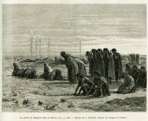 Das Moghreb-Gebet in der Sahara. Gravur von J.Girardet zur Illustration der Geschichte Cinq mois chez les moures nomades du Sahara occidental von Eugene Alexis Girardet