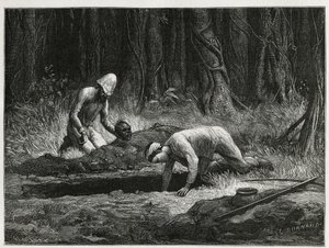 Dr. Harmand und sein annamitischer Helfer, bei der Durchführung geheimer Exhumierungen von Khas-Begräbnissen in Attopeu (Laos), Gravur von Eugene Burnand, zur Illustration der Geschichte von Laos und den wilden Bevölkerungen Indochinas von Dr. Harmand, 187 von Eugene Burnand