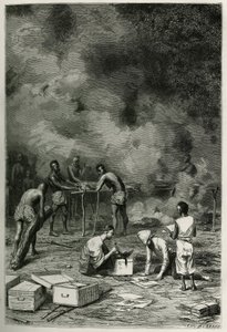 Das Trocknen von Herbariumpflanzen auf großen Bambusmatten, bevor der Arzt sie klassifiziert und in seinen Kisten aufbewahrt, Gravur von Eugene Burnand, zur Illustration der Geschichte von Laos und den wilden Bevölkerungen Indochinas von Dr. Harmand, im Ja