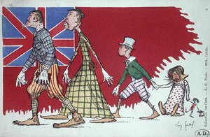 Postkarte mit einer Karikatur einer britischen Familie