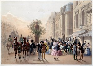 Boulevard des Italiens, Café Tortoni in Paris im 19. Jahrhundert. Gravur von Eugene Guerard