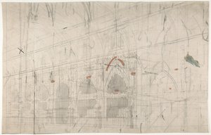 Entwurf für ein Bühnenbild an der Opéra, Paris: Kircheninnenraum, 1830-90 von Eugene Ciceri