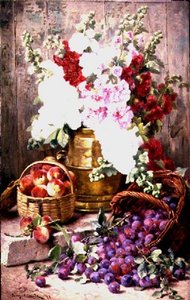 Stillleben mit Blumen in einer Messingurne und Obst in Körben von Eugene Claude