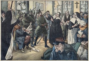 1914, Erster Weltkrieg: Amelie Rigard, bekannt als Schwester Julie, verteidigt die Verwundeten ihres Krankenhauses gegen deutsche Soldaten. Gerbeviller, Meurthe und Moselle (54). Illustration von Damblans. In „Le Pelerin“ vom 17. Mai