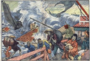 Ein Taifun trifft Japan. Illustration von Damblans. In „Le Pèlerin“ vom 2. Oktober von Eugene Damblans