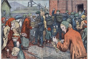 Nach der Explosion in der Cwn-Mine (Wales) bringen die Frauen der Bergleute ihre Kanarienvögel zur Rettung des Grubengases. Illustration von Damblans. In „Le Pelerin“ vom 20. März von Eugene Damblans