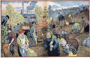 Jäger suchen nach Kohlenstücken unter den aus den Minen gewonnenen Steinen, um sich im Winter zu heizen. Ruhrgebiet, Deutschland. Illustration von Damblans. In „Le Pelerin“ vom 4. Oktober. von Eugene Damblans
