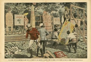 Illustration von Eugene Damblans (1865-1945) in Le Pelerin, 03/09/05 - Die Japaner machen gigantische Ansprüche für die Produkte ihrer Industrie entlang der Eisenbahnlinien mit Plakaten verschiedener Formen - Werbung, Japan, Eisenbahn Zug, Plakate von Eugene Damblans