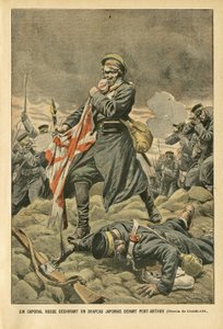 Illustration von Eugene Damblans (1865-1945) in Le Pelerin, 01/01/05 - Ein russischer Korporal zerreißt eine japanische Flagge vor Port Arthur - Russland, Japan, Port Arthur, Russisch-Japanischer Krieg, Kämpfe, Gewehre - Soldaten, Korporal von Eugene Damblans