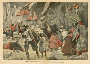 Illustration von Eugene Damblans (1865-1945) in Le Pelerin, 02/09/06 - Eine Szene des schrecklichen Erdbebens - Verschiedene Fakten, Lateinamerika, Erdbeben, Chile, Valparaiso von Eugene Damblans