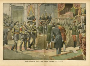 Illustration von Eugene Damblans (1865-1945) in Le Pelerin, 03/04/04 - In Japan leitet Mikado die Eröffnungssitzung des Parlaments