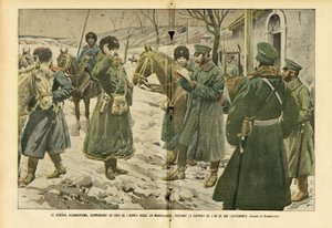 Illustration von Eugene Damblans (1865-1945) in Le Pelerin, 05/03/05 - General Kuropatkin, Oberbefehlshaber der russischen Armee in der Mandschurei, erhält den Bericht eines seiner Leutnants von Eugene Damblans