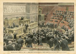 Illustration von Eugene Damblans (1865-1945) in Le Pelerin, 06/11/04 - Nach der Beleidigung des Papstes und des Kreuzes beleidigte M. Combes M. Ribot, der vom Podium abstieg und von zwei Dritteln der Abgeordneten bejubelt wurde
