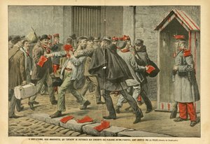 Illustration von Eugene Damblans (1865-1945) in Le Pelerin, 22/10/05 - In Saint-Etienne wurden zwei Anarchisten, die versuchten, antimilitaristische Garderoben an Wehrpflichtige zu verteilen, von der Polizei verhaftet - Antimilitarismus, Anarchist Anarchis