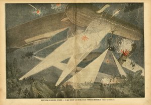 Illustration von Eugene Damblans (1865-1945) in Le Pelerin, 24/11/07 - Eine Episode zukünftiger Kriege - Wie werden die Schlachten zur Zeit der Luftschiffe sein - Krieg, Ballons Luftschiffe Zeppeline Aerostation, Nacht, Kämpfen