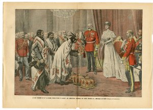 Illustration von Eugene Damblans (1865-1945) in Le Pelerin, 26/08/06 - König Edward und Königin von England... - Amerika USA, England Großbritannien, Offizieller Besuch - Edward VII (1841-1910), Victoria, Indianer von Eugene Damblans