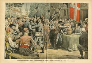 Illustration von Eugene Damblans (1865-1945) in Le Pelerin, 27/08/05 - Die norwegischen Wahlen, inmitten von Volksbegeisterung, ratifizieren die Auflösung des Unionspakts mit Schweden - Wahlen, Stadtarchitektur, Menge, Schweden, Norwegen - Urne