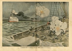 Illustration von Eugene Damblans (1865-1945) in Le Pelerin, 28/02/04 - Die russischen Kreuzer von Wladiwostok versenken einen japanischen Transporter - Armee, Marine, Russisch-Japanischer Krieg, Kriegsschiffe, Wladiwostok - Matrosen
