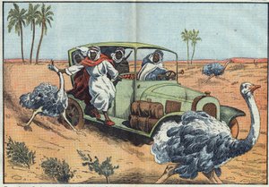 Moderne Jagd: In der arabischen Wüste treiben wohlhabende Beduinen junge Österreicher zusammen, um sie lebend zu fangen. Illustration von Damblans. In „Le Pèlerin“ vom 16. April von Eugene Damblans