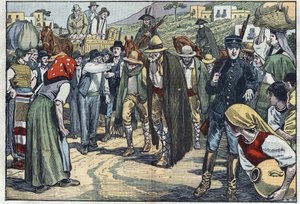 Räuber von der italienischen faschistischen Polizei verhaftet. Sizilien, Italien. Illustration von Damblans. In „Le Pèlerin“ vom 14. Februar von Eugene Damblans