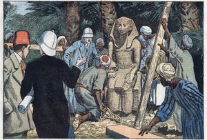 Die französische archäologische Mission entdeckt eine Statue des jugendlichen Sesostris III., die in den Louvre gebracht wird. Medamoud, altes Theben, Ägypten. Illustration von Damblans. In „Le Pèlerin“ vom 22. November von Eugene Damblans